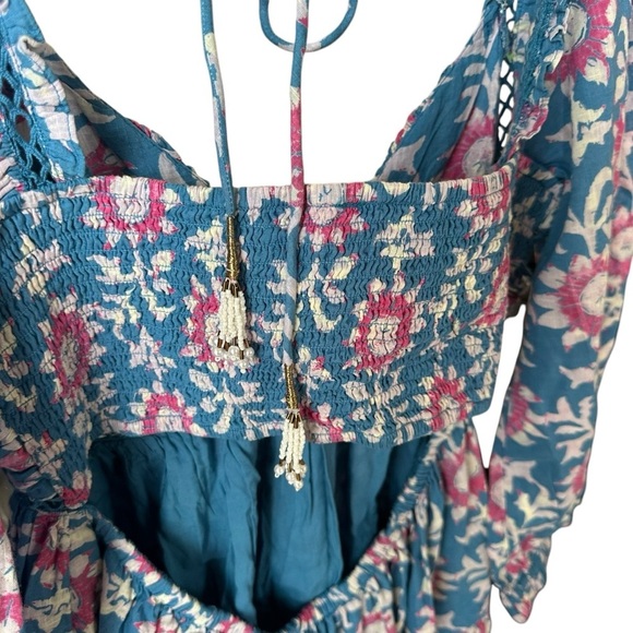 Free People Sacha Mini Babydoll Dress Floral 3/4 Sleeve Beaded Back Tie Women L - Picture 8 of 8